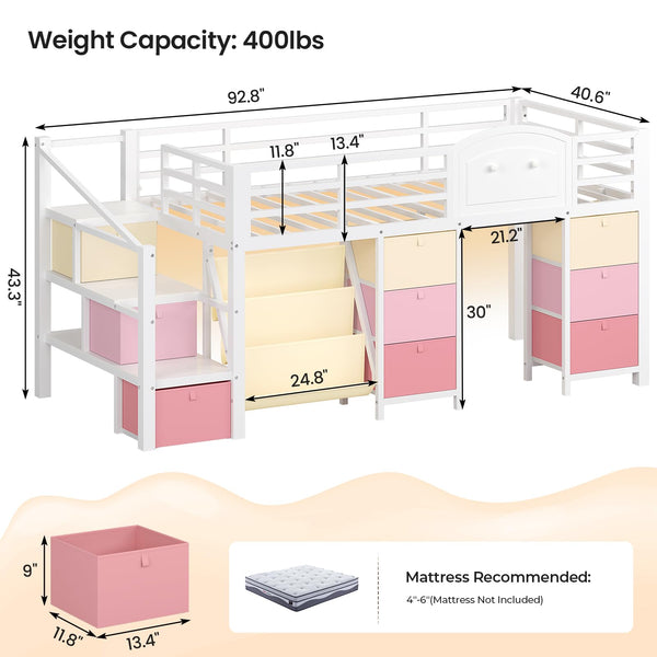 Twin Low Loft Bed with Storage Drawers, Bookcase & LED Lights