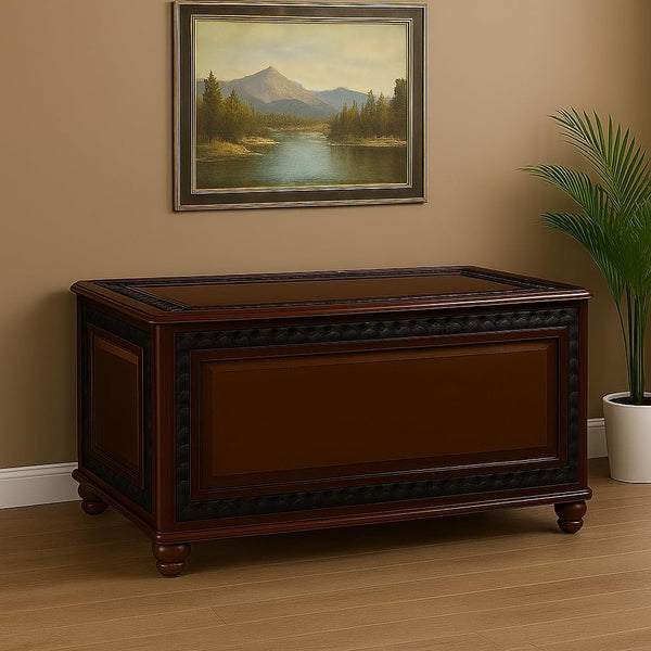 CARTESIAN Traditional Cedar Storage Chest, Dark Tobacco Finish, Cedar-Lined Interior with Safety Hinge, Carved Detailing, 40 x 18.5 Inches, Blanket and Linen Storage
