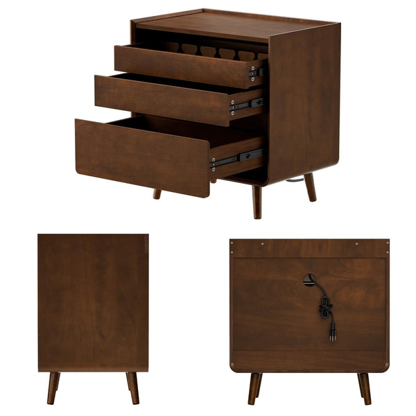 Walnut Nightstand with Charging Station & Drawers