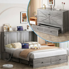 Queen Murphy Bed Cabinet with USB Charging & Storage