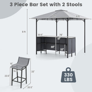 3-Piece Outdoor Bar Set with 8x8 FT Grill Gazebo & 2 Bar Stools