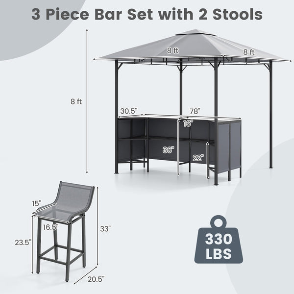 3-Piece Outdoor Bar Set with 8x8 FT Grill Gazebo & 2 Bar Stools