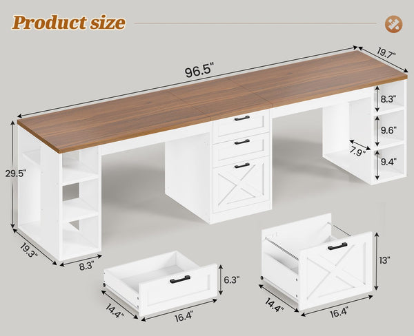 96.5" Two Person Desk with Drawers & Storage Shelves
