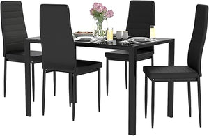 5-Piece Glass Dining Table Set with 4 Upholstered Faux Leather Chairs