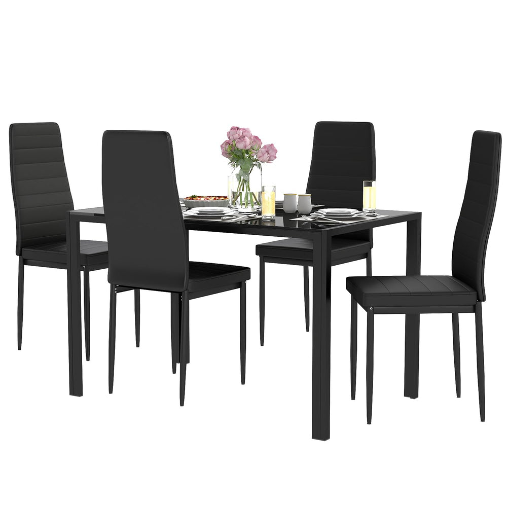 5-Piece Glass Dining Table Set with 4 Upholstered Faux Leather Chairs