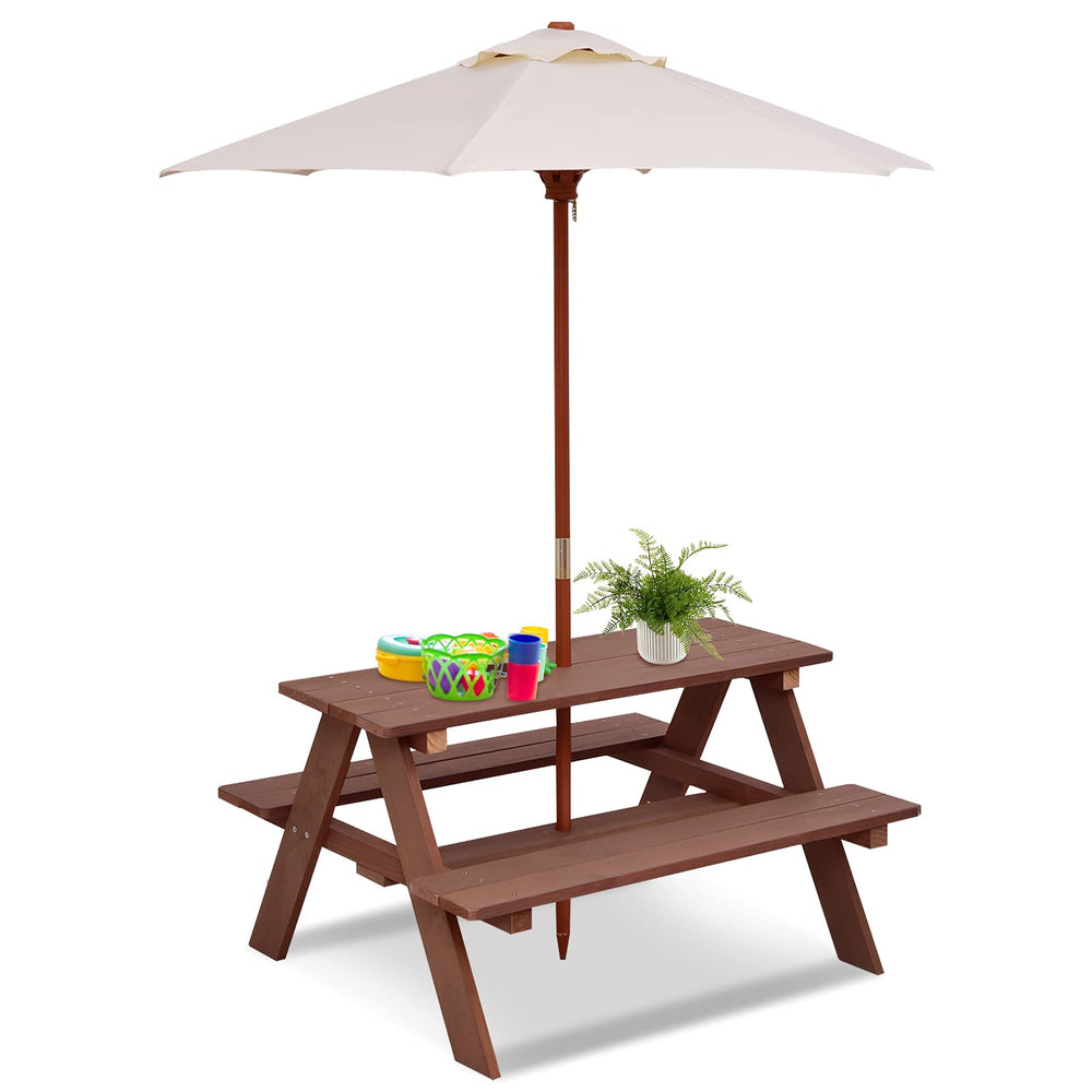 Kids Outdoor Wooden Picnic Table Set with Umbrella