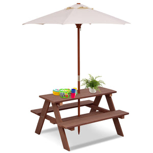 Kids Outdoor Wooden Picnic Table Set with Umbrella