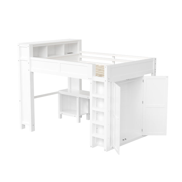 Queen Loft Bed with Desk, Wardrobe & Charging Station – White Wood