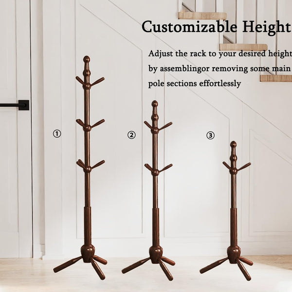 Solid Wood Coat Rack Stand with 9 Hooks & Adjustable Height