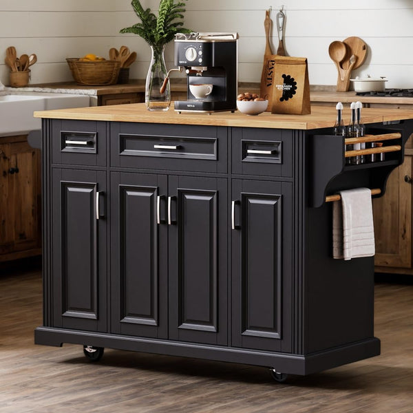 54" Rolling Kitchen Island with Drop Leaf & Storage Drawers