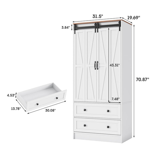 Farmhouse Wardrobe Armoire with Sliding Barn Doors & Drawers