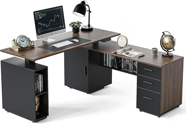 L-Shaped Electric Standing Desk with Drawers & Shelves