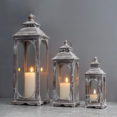 Set of 3 Vintage Metal Candle Lanterns with Tempered Glass – 10"/14"/19.5"H