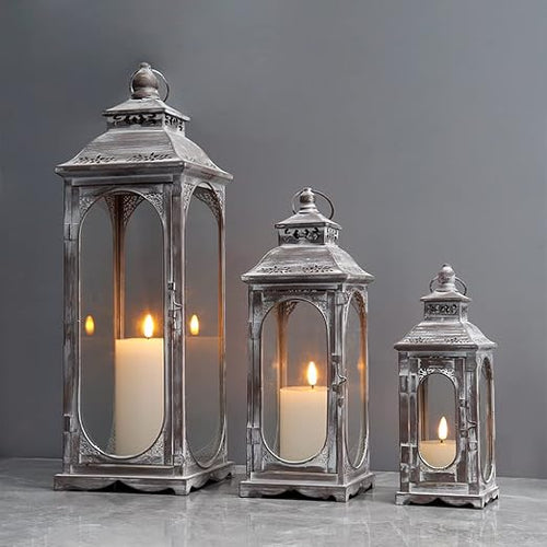Set of 3 Vintage Metal Candle Lanterns with Tempered Glass – 10"/14"/19.5"H