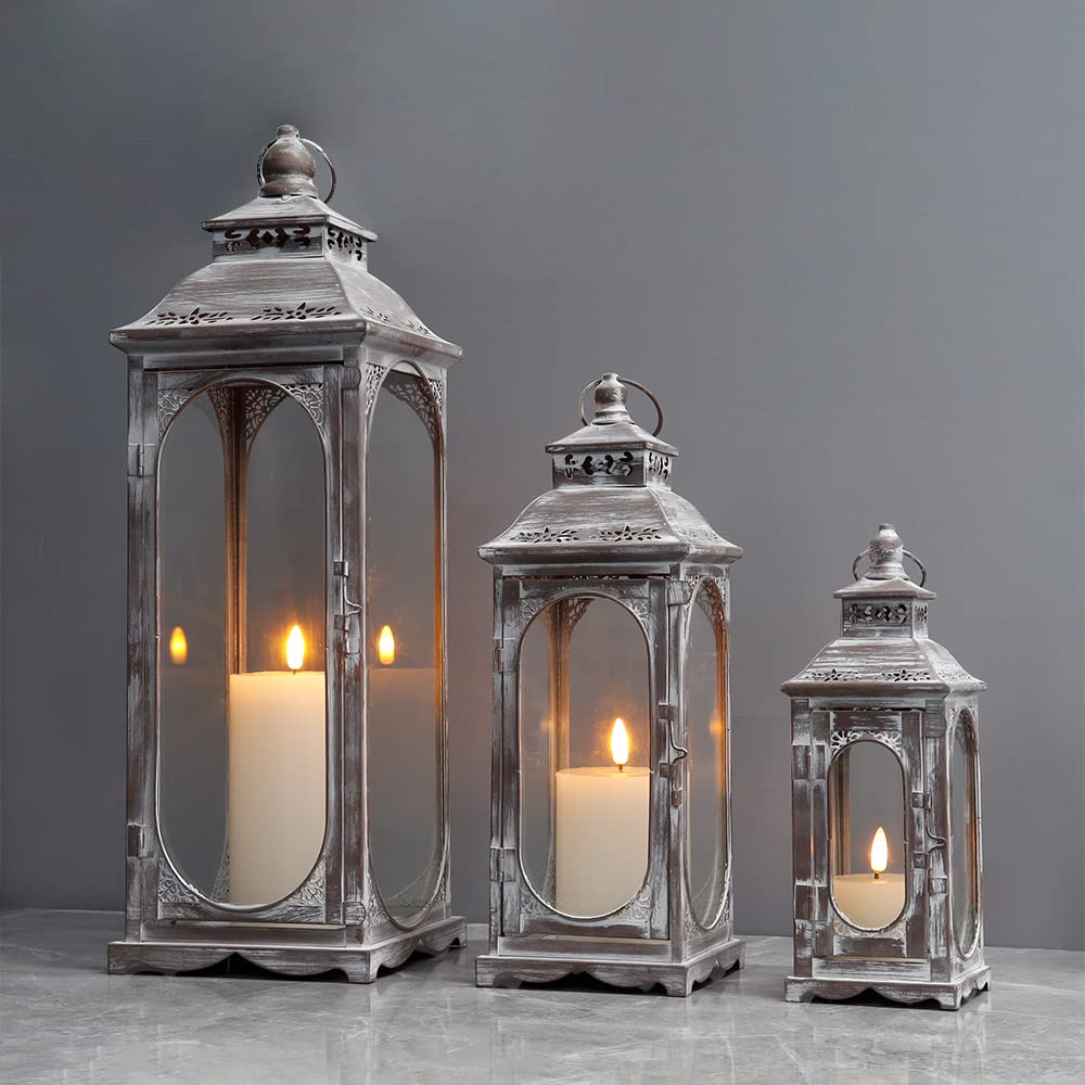 Set of 3 Vintage Metal Candle Lanterns with Tempered Glass – 10"/14"/19.5"H