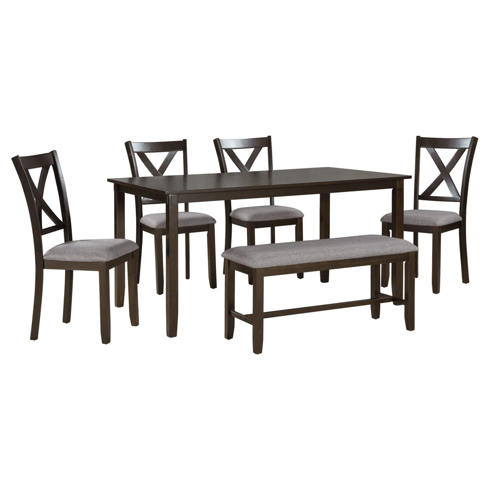 6-Piece Farmhouse Dining Table Set with Bench and Cushioned Chairs