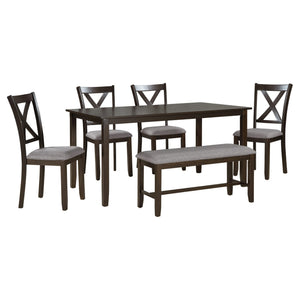 6-Piece Farmhouse Dining Table Set with Bench and Cushioned Chairs