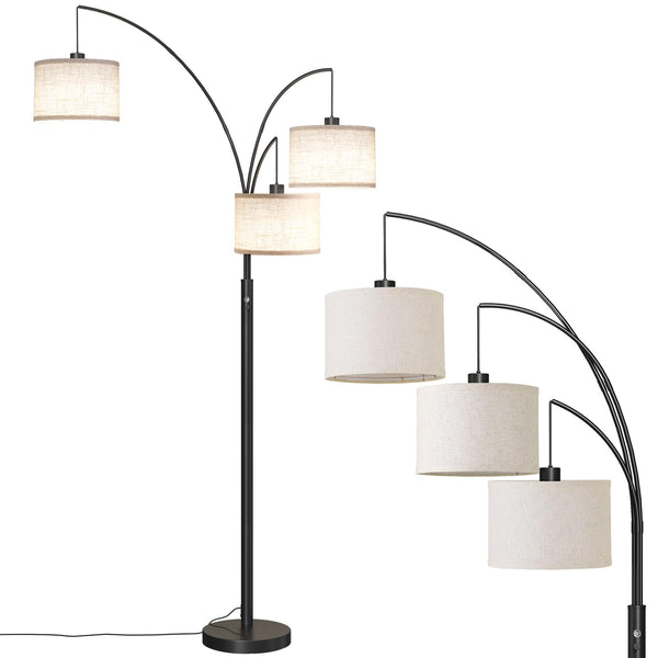 3-Light Arc Floor Lamp with Linen Drum Shades