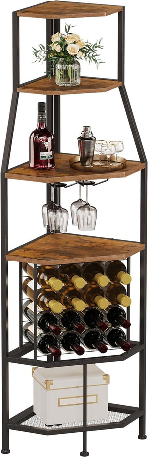 5-Tier Corner Wine Rack with Glass Holder – Floor Standing Wine Storage Shelf