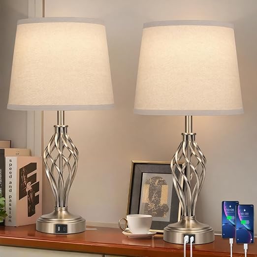 Touch Bedside Table Lamps Set of 2 with USB Charging Ports