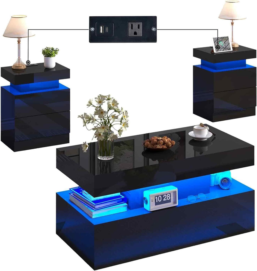3-Piece Coffee & End Table Set with LED Light & Charging Station – Black