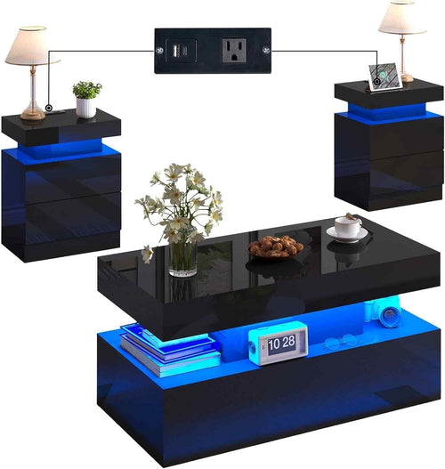 3-Piece Coffee & End Table Set with LED Light & Charging Station – Black