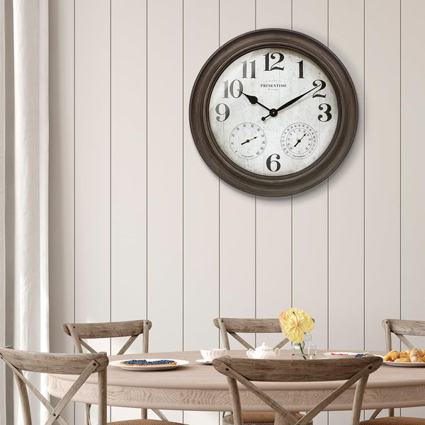 26" Indoor Outdoor Farmhouse Wall Clock with Thermometer & Hygrometer