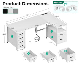 L-Shaped Corner Desk with Drawers & Power Outlet