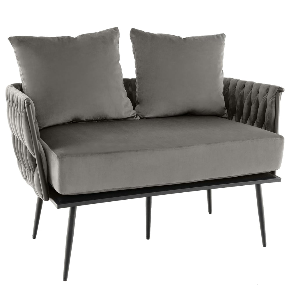 Woven Loveseat Sofa with Velvet Cushion & Metal Legs