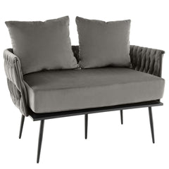 Woven Loveseat Sofa with Velvet Cushion & Metal Legs