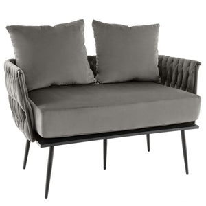 Woven Loveseat Sofa with Velvet Cushion & Metal Legs