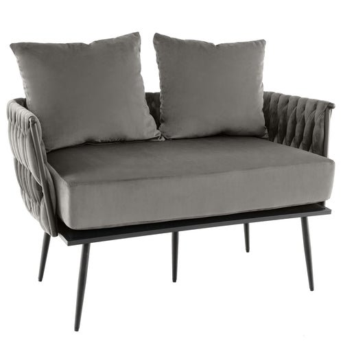 Woven Loveseat Sofa with Velvet Cushion & Metal Legs