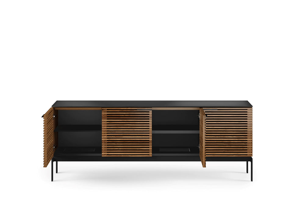 79" Modern TV Stand with Soundbar Shelf, Tempered Glass Top & Cable Management – Fits TVs up to 80"