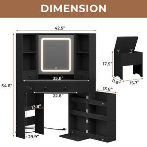 Corner Vanity Desk with LED Mirror, Rotating Cabinet & Power Outlet