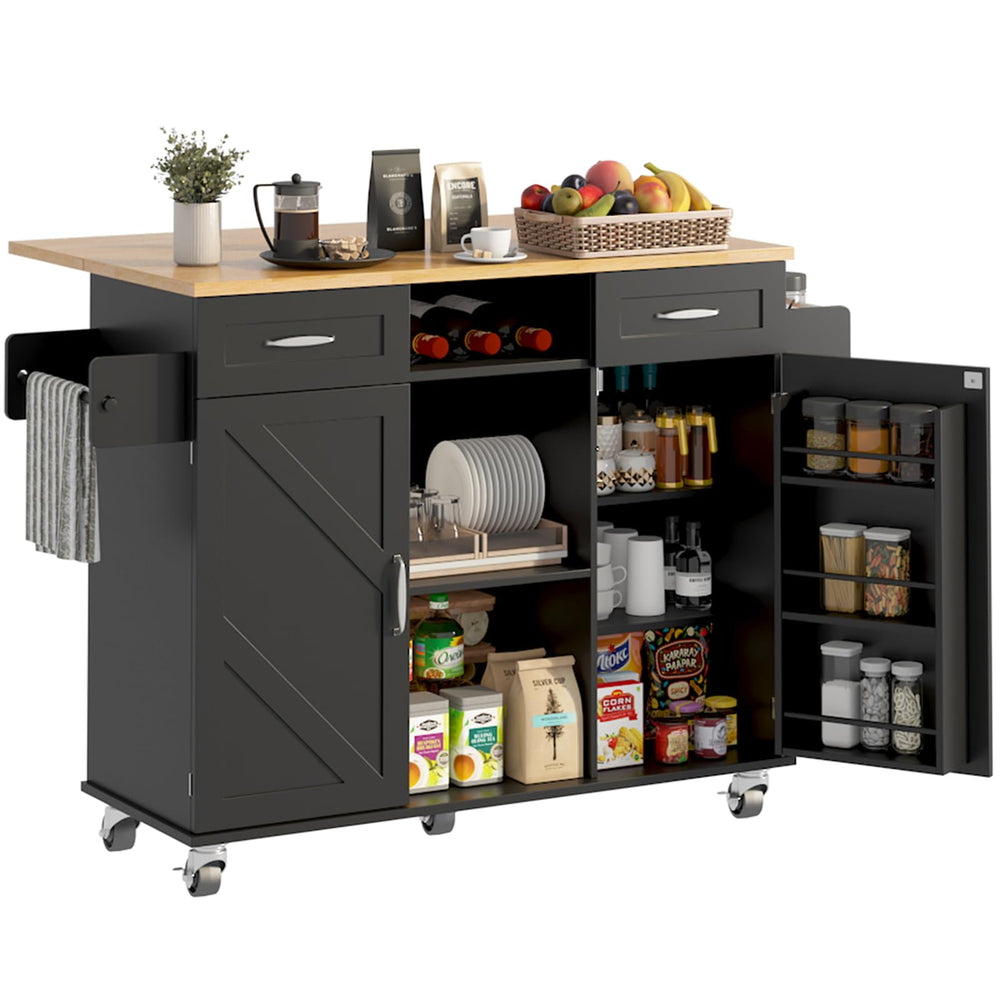 Rolling Kitchen Island with Storage Cabinet & Drop Leaf