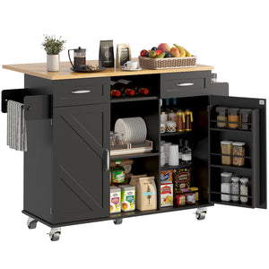 Rolling Kitchen Island with Storage Cabinet & Drop Leaf
