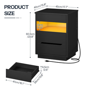 Nightstand with Charging Station, LED Light, Lockable Compartment & Drawers