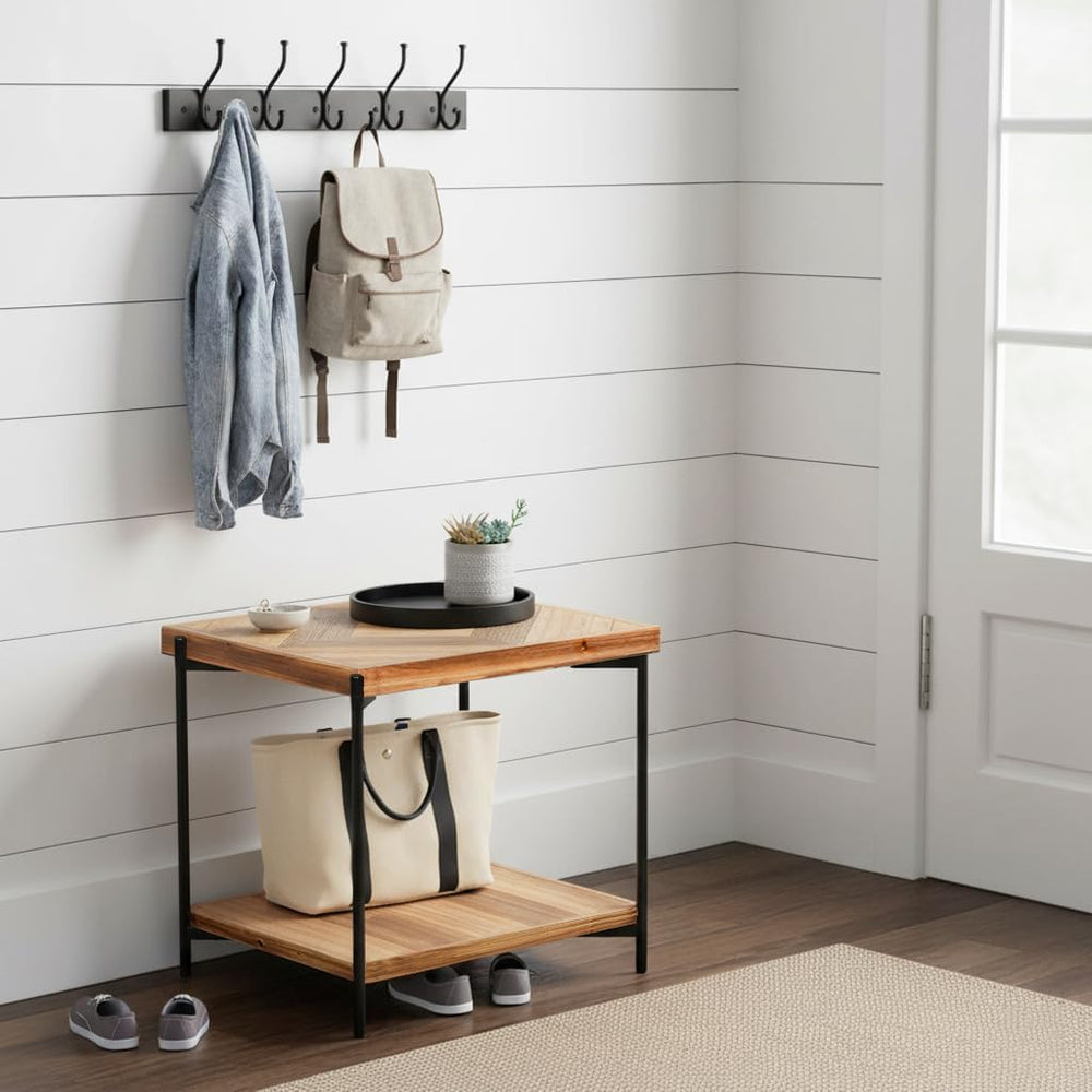 Solid Wood End Table with Metal Frame – 2-Tier Storage Shelf