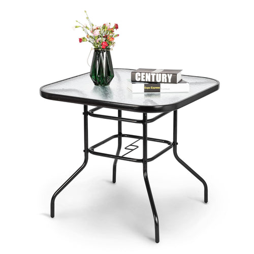 Glass Patio Table with Umbrella Hole – Tempered Glass Outdoor Dining Table