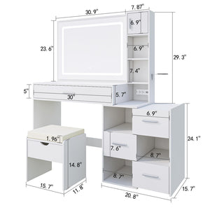 LED Lighted Vanity Desk with Sliding Cabinet, Drawers & Storage Stool