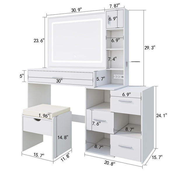 LED Lighted Vanity Desk with Sliding Cabinet, Drawers & Storage Stool