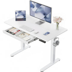 Electric Standing Desk with Drawer – 47" Adjustable Height, White