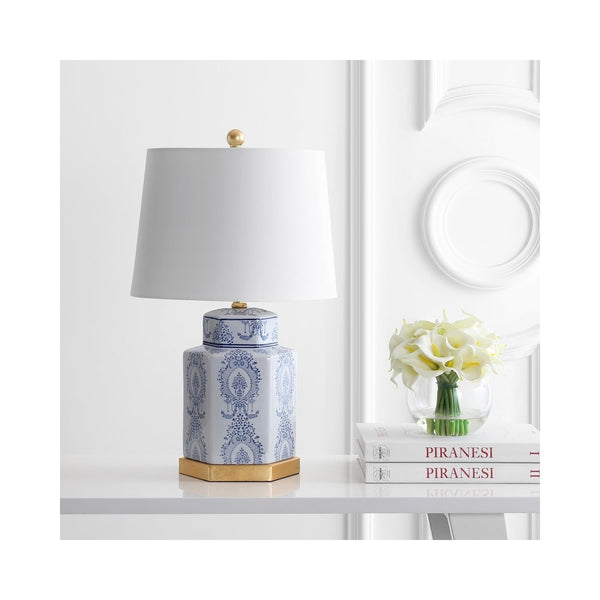 Blue & White Ceramic Table Lamps Set of 2 with Gold Leaf Accents