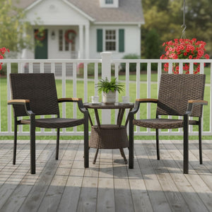Stackable Patio Wicker Dining Chairs Set of 4 with Acacia Wood Armrests