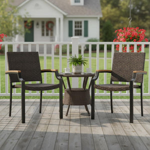 Stackable Patio Wicker Dining Chairs Set of 4 with Acacia Wood Armrests