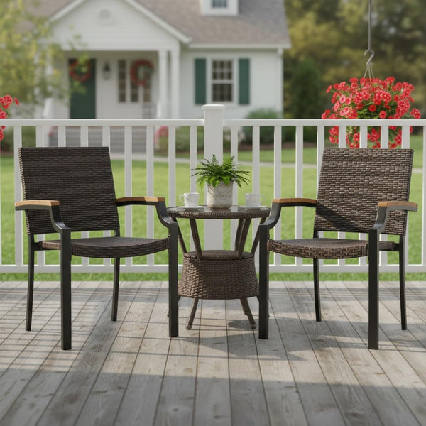 Stackable Patio Wicker Dining Chairs Set of 4 with Acacia Wood Armrests