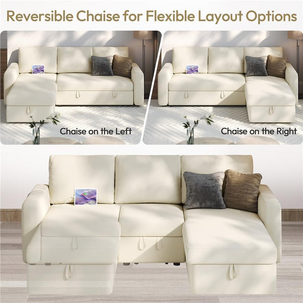 L-Shaped Sectional Sleeper Sofa with Pull-Out Bed, Chaise Storage & USB Charging