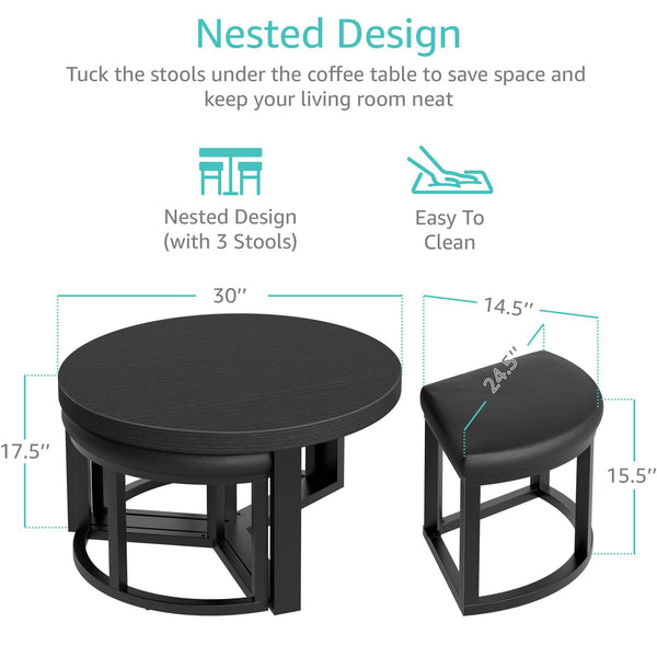 Round Coffee Table Set with 3 Nesting Stools — 30 Inch Modern Black