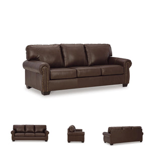Traditional Leather Match Sofa with Nailhead Trim, Dark Brown