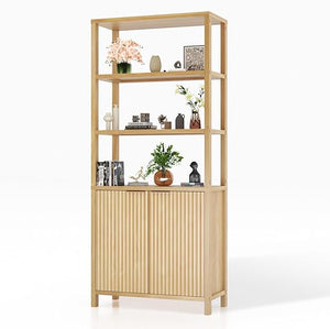 6-Tier Bookcase with Fluted Doors, 71" Wood Storage Cabinet